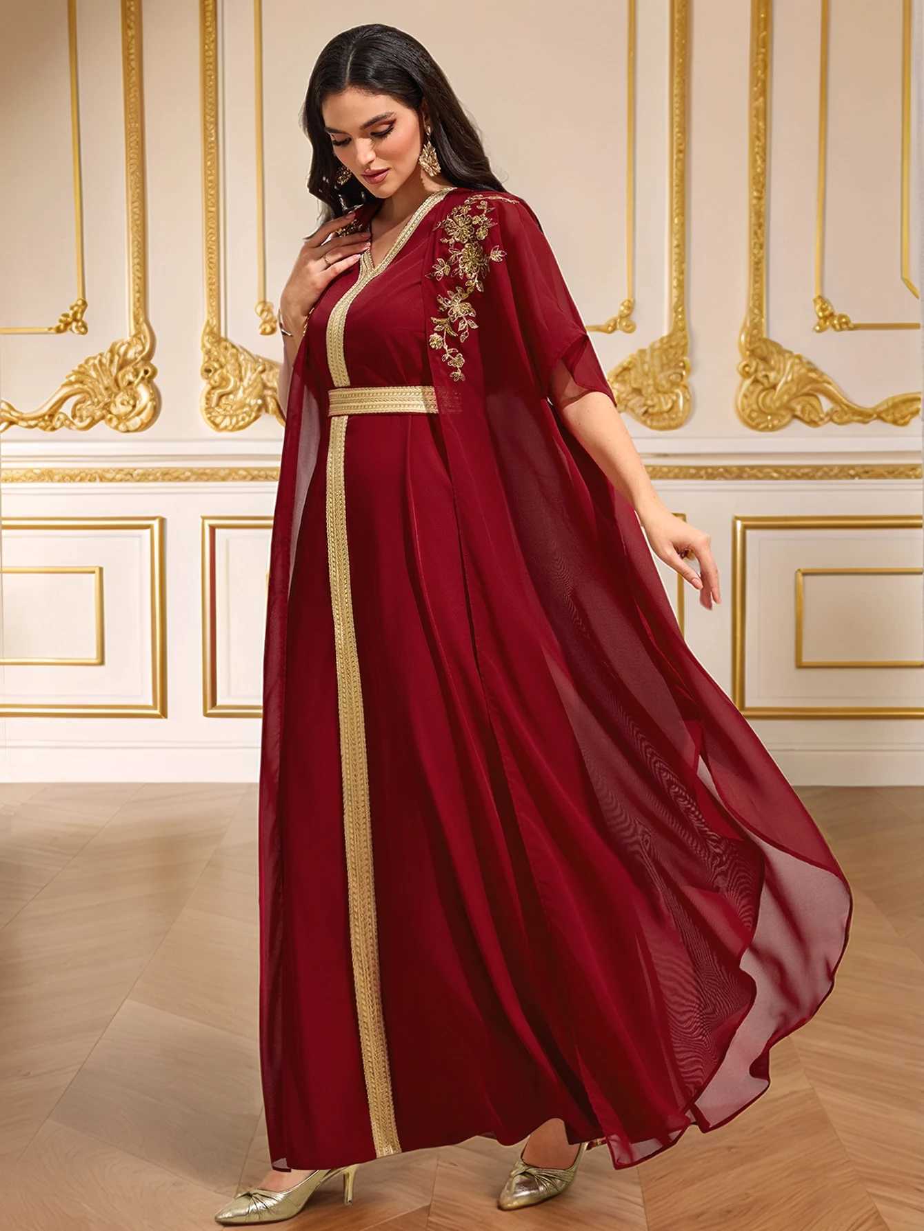 Luxury Burgundy Heavy Gold-Embroidered Arabic Abaya Cape-Sleeve Open-Front Dress Banquet / Party Gown Z260819 - view 4