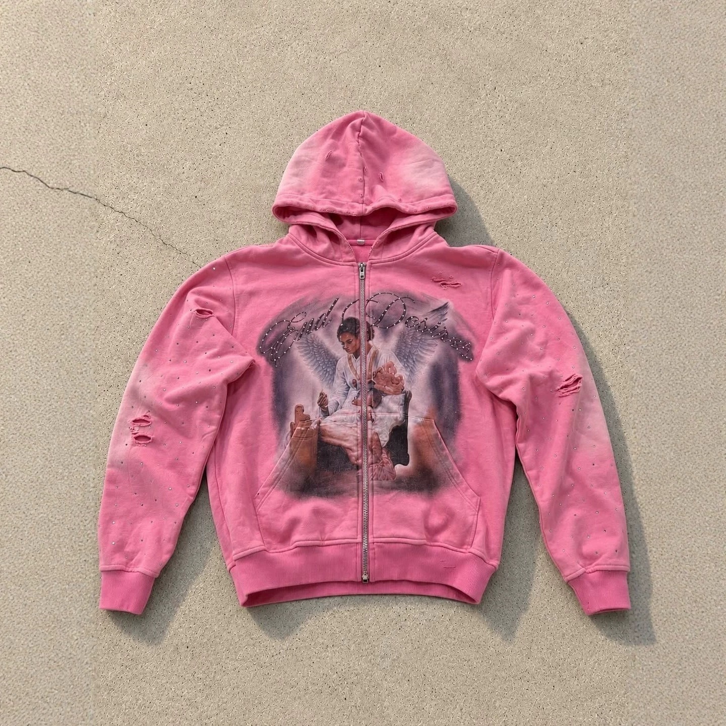 Luxury Brand Designer Clothes Men Women Gothic Zip Up Hoodie Blue Distressed Angel Rhinestone Print Ripped Oversized Full Zip - view 4