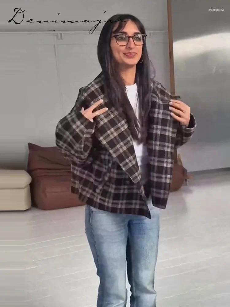 Women' s Wool Vintage Stand Collar Plaid Coat Single Bre - view 7