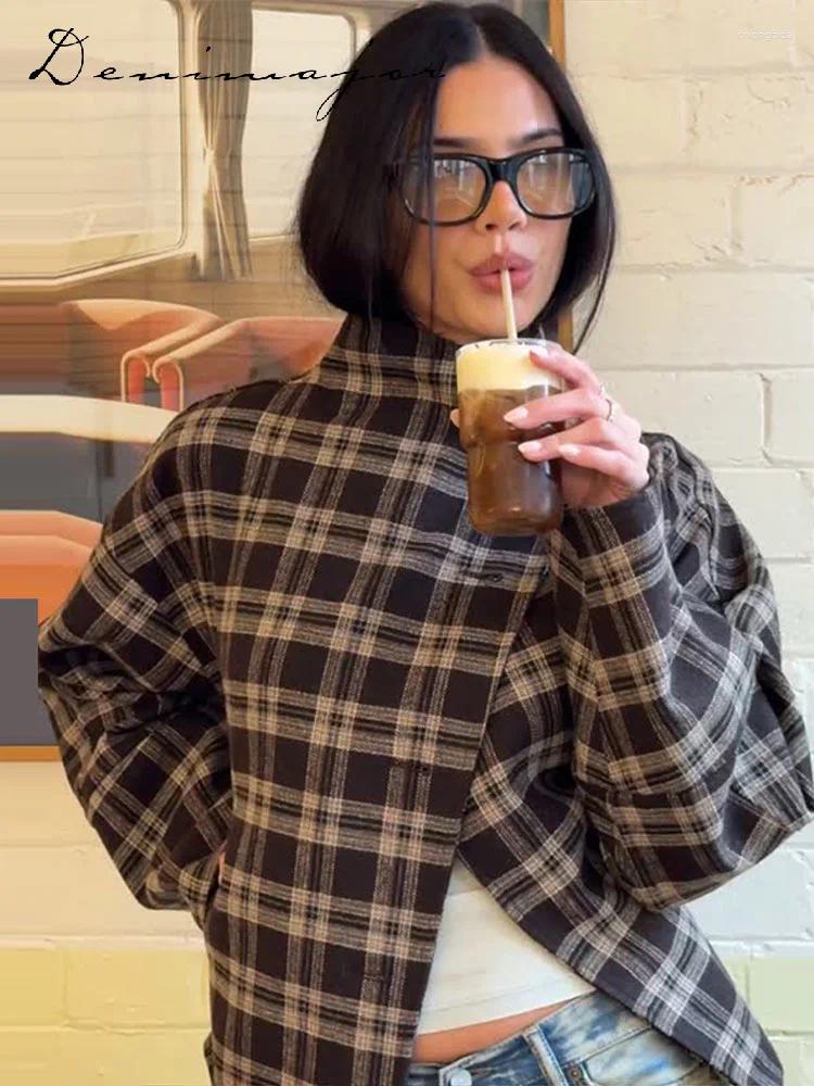 Women' s Wool Vintage Stand Collar Plaid Coat Single Bre - view 6