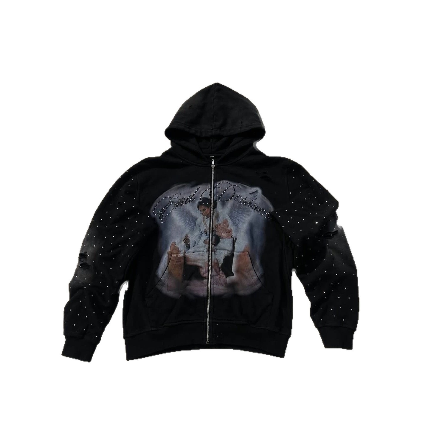 Luxury Brand Designer Clothes Men Women Gothic Zip Up Hoodie Blue Distressed Angel Rhinestone Print Ripped Oversized Full Zip - view 5