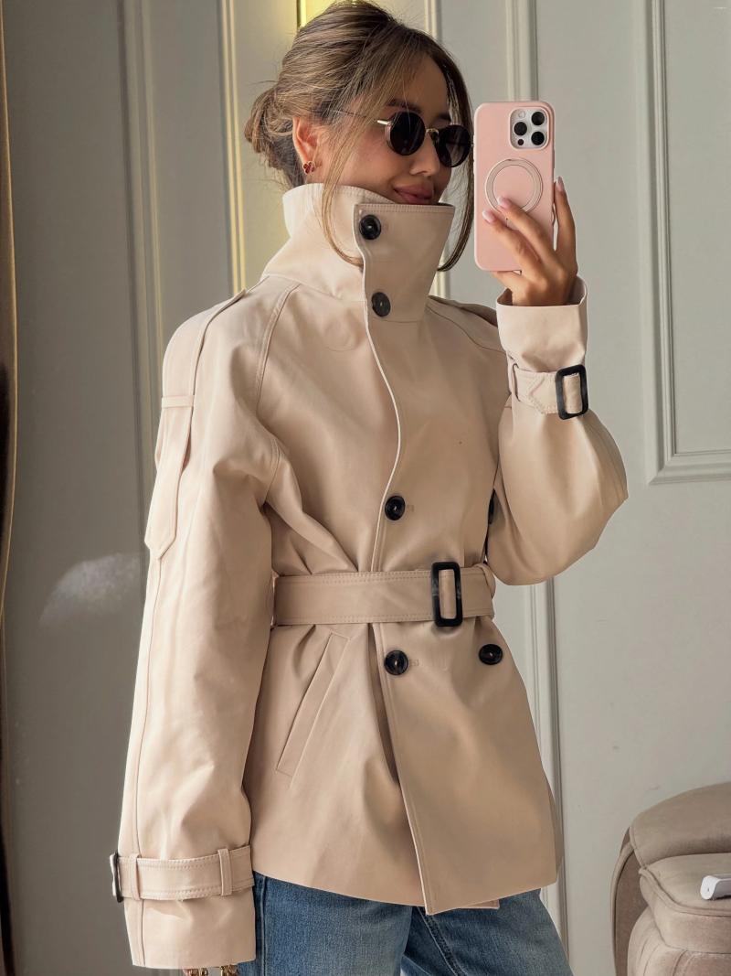 Women' s Trench Coats Women Beige Short Coat High Stand - view 8