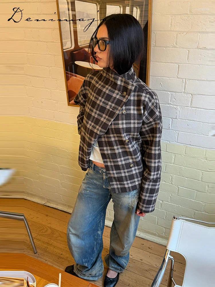 Women' s Wool Vintage Stand Collar Plaid Coat Single Bre - view 3