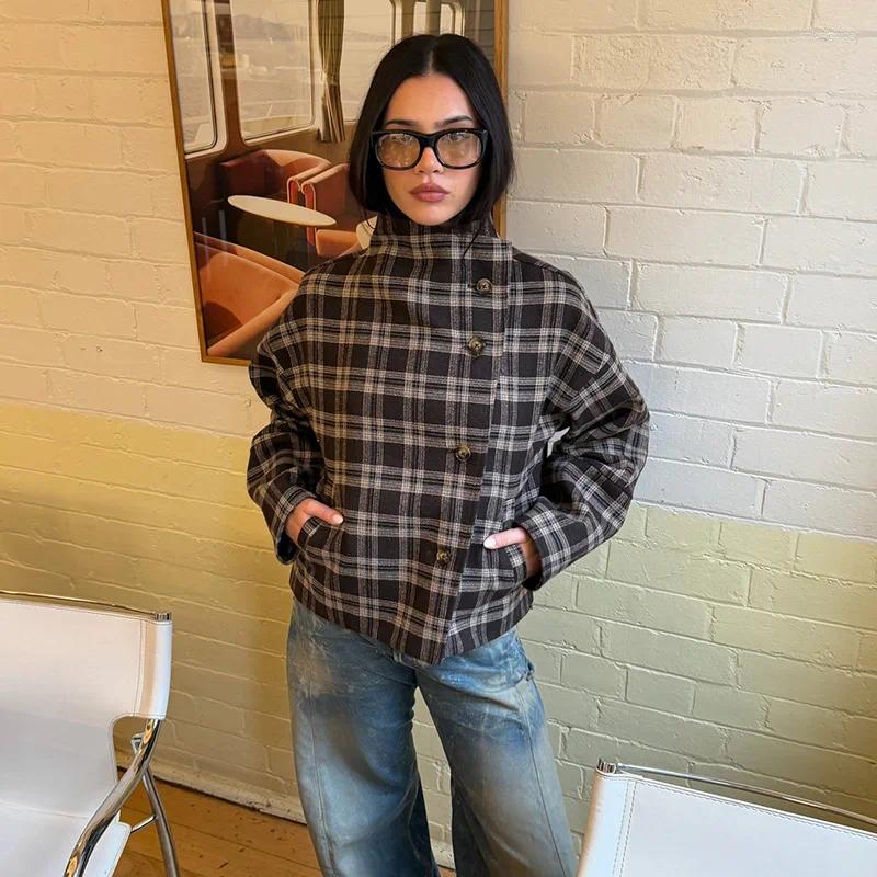 Women' s Wool Vintage Stand Collar Plaid Coat Single Bre - view 8