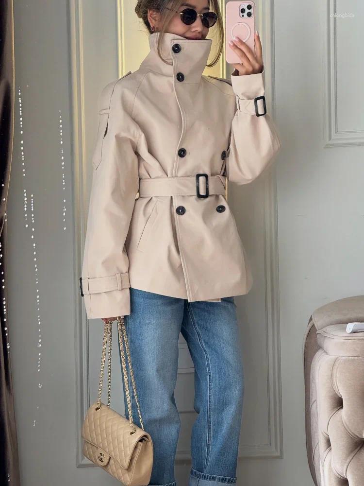 Women' s Trench Coats Women Beige Short Coat High Stand - view 3