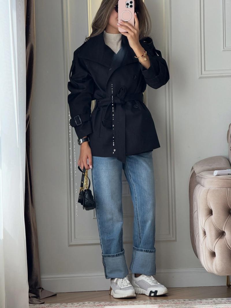 Women' s Trench Coats Women Beige Short Coat High Stand - view 7