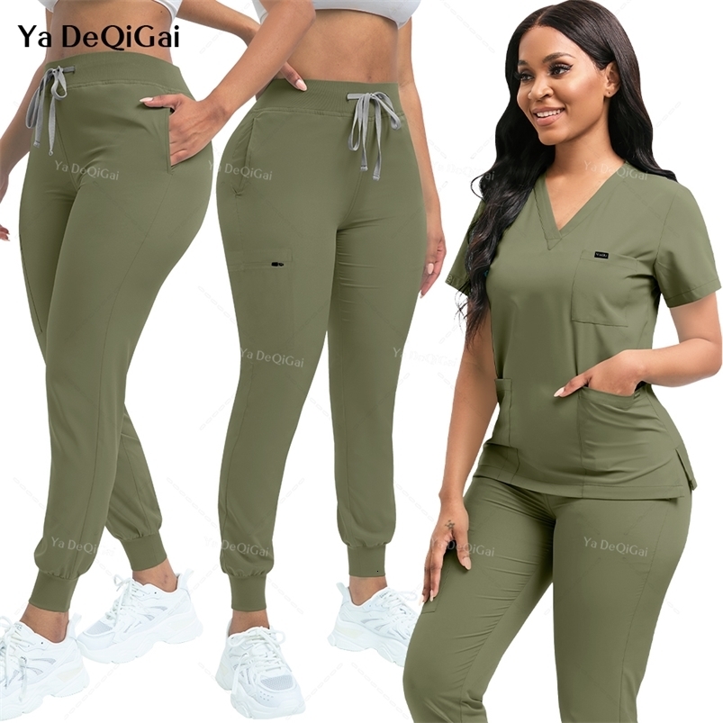 Stretch Scrubs Women Set Nursing Uniforms Clinical Scrubs Set Nurse Doctor Dustproof Workwear Scrubs Top Jogger Pants 260819