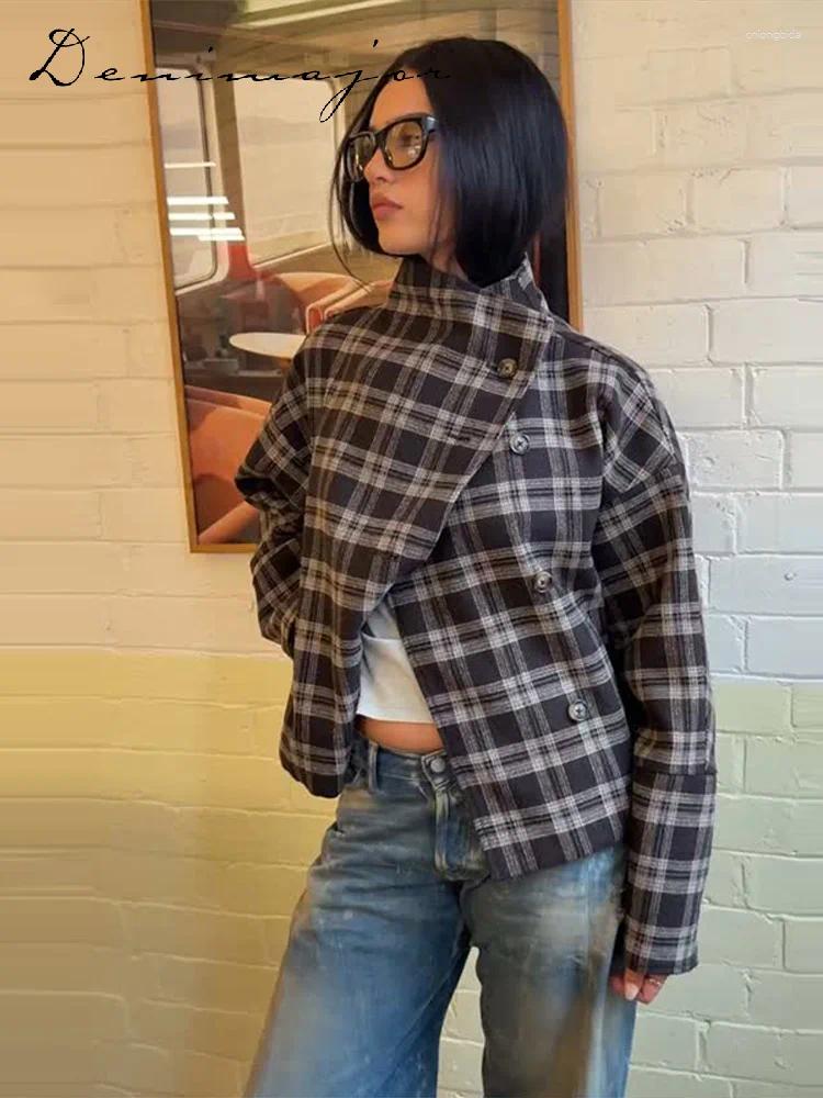 Women' s Wool Vintage Stand Collar Plaid Coat Single Bre - view 5