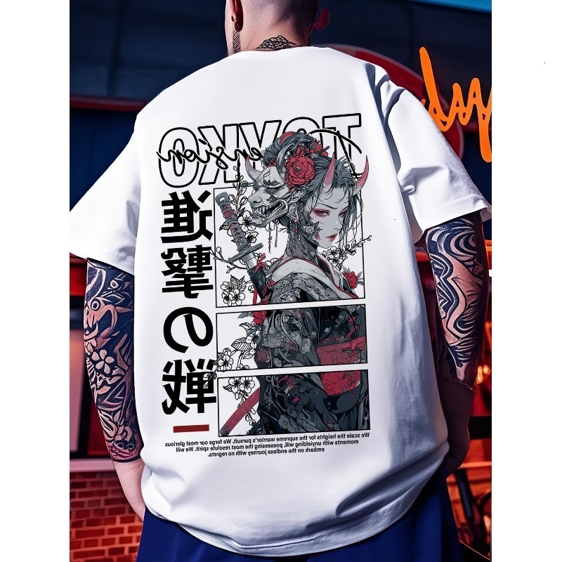 Vintaga oversize mens T shirts Japanese Demon Character and Vertical Text Print Cotton Mens T Shirt for Summer Brings A Cool Contemporary Vibe dh11000