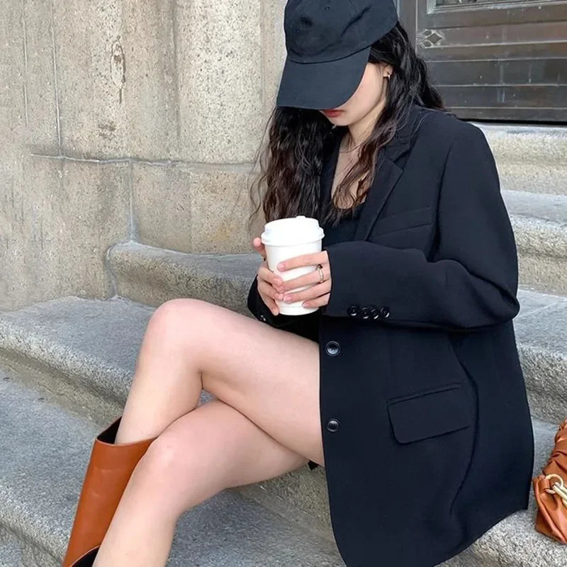 Spring Autumn Black Blazers for Women Fashion Streetwear Single-Breasted Small Suit Jacket Casual Loose Long Sleeve Outerwear 260821 - view 3