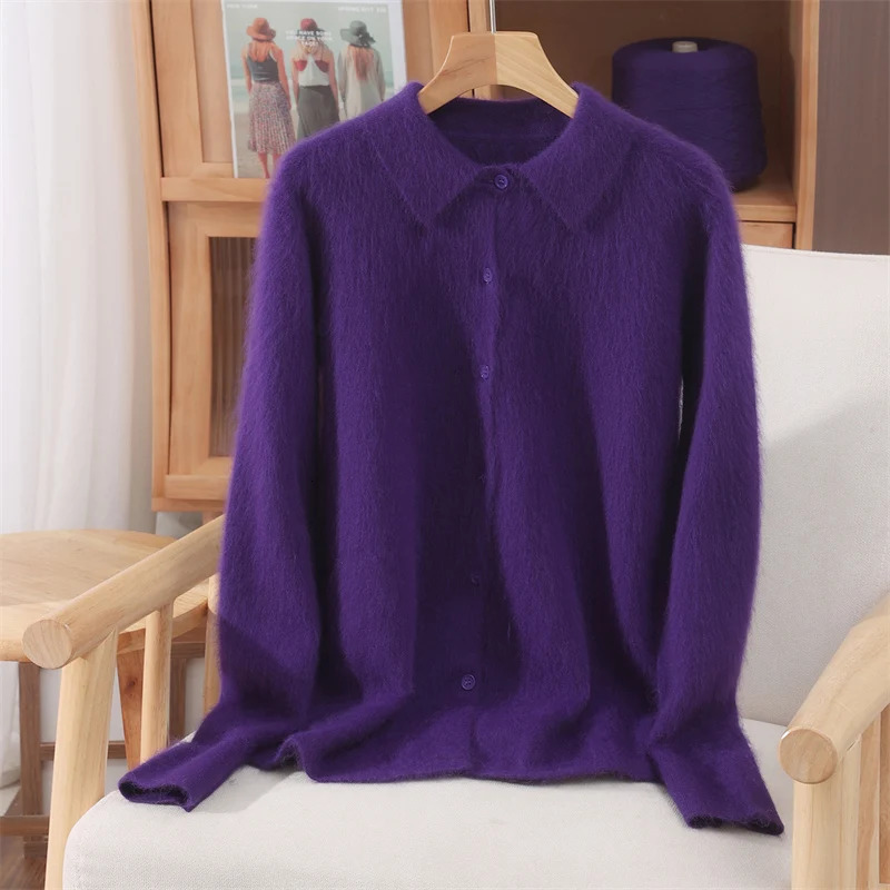 Autumn Winter Women's 100% Pure Mink Cashmere Sweater with Peter Pan Collar and Buttons Preppy Korean Casual Solid Color Knit 260820 - view 6
