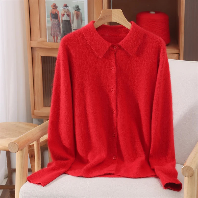 Autumn Winter Women's 100% Pure Mink Cashmere Sweater with Peter Pan Collar and Buttons Preppy Korean Casual Solid Color Knit 260820 - view 5