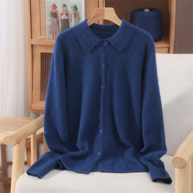 Autumn Winter Women's 100% Pure Mink Cashmere Sweater with Peter Pan Collar and Buttons Preppy Korean Casual Solid Color Knit 260820 - view 7