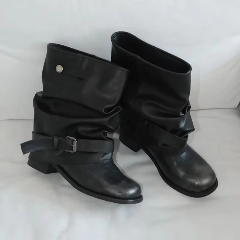 Womens Black Slouchy MidCalf Boots with Buckle Strap Square Toe Chunky Heel Vintage Motorcycle for Fall Winter Shoes 260822 - view 4