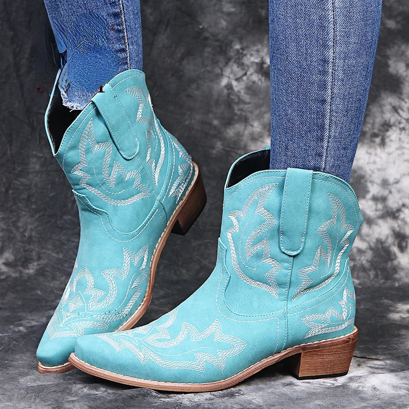 Casual Autumn Winter Western Cowboy Ankle Boots Women Snake Leather Cowgirl Booties Short Cossacks botas High Heels Shoes 260821