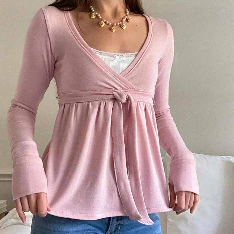 Women Autumn Vintage Y2k Crop Tops Cottage Bandage Babydoll Tshirt Preppy 2 Piece Lace Trim Long Sleeve Pullovers Tees 260822