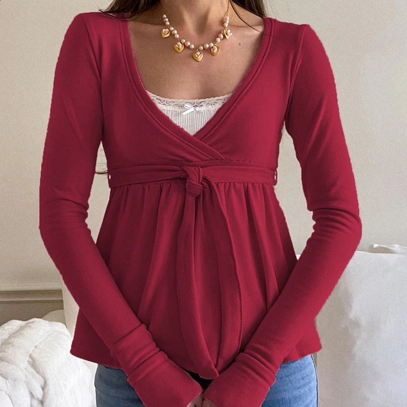 Women Autumn Vintage Y2k Crop Tops Cottage Bandage Babydoll Tshirt Preppy 2 Piece Lace Trim Long Sleeve Pullovers Tees 260822