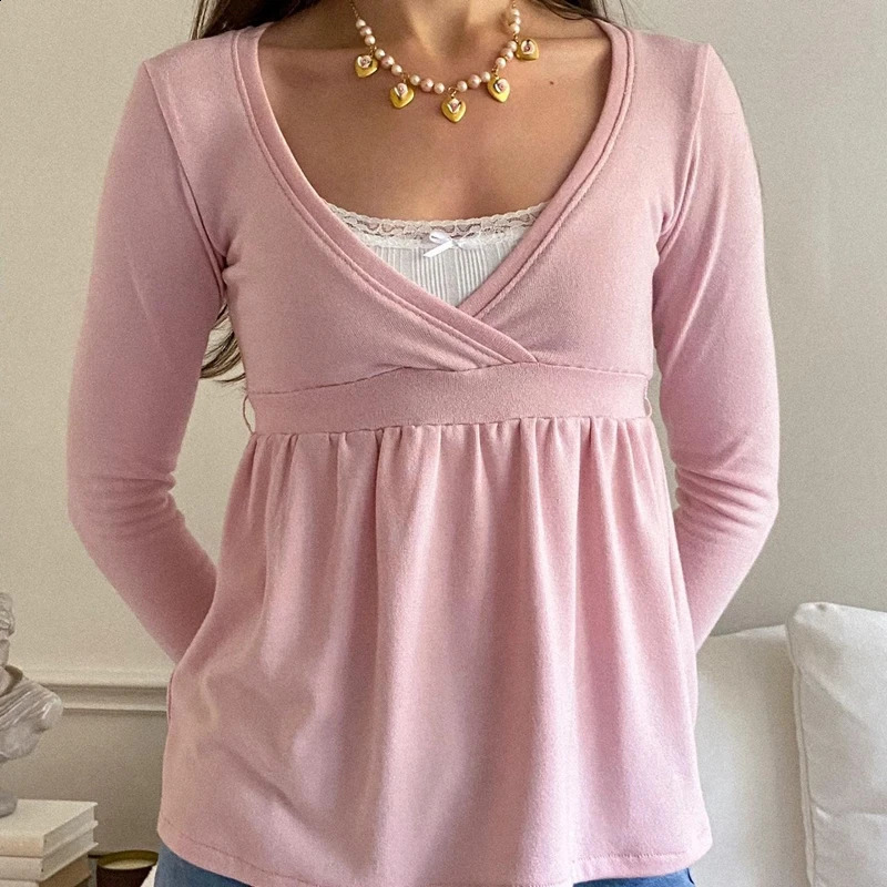 Women Autumn Vintage Y2k Crop Tops Cottage Bandage Babydoll Tshirt Preppy 2 Piece Lace Trim Long Sleeve Pullovers Tees 260822