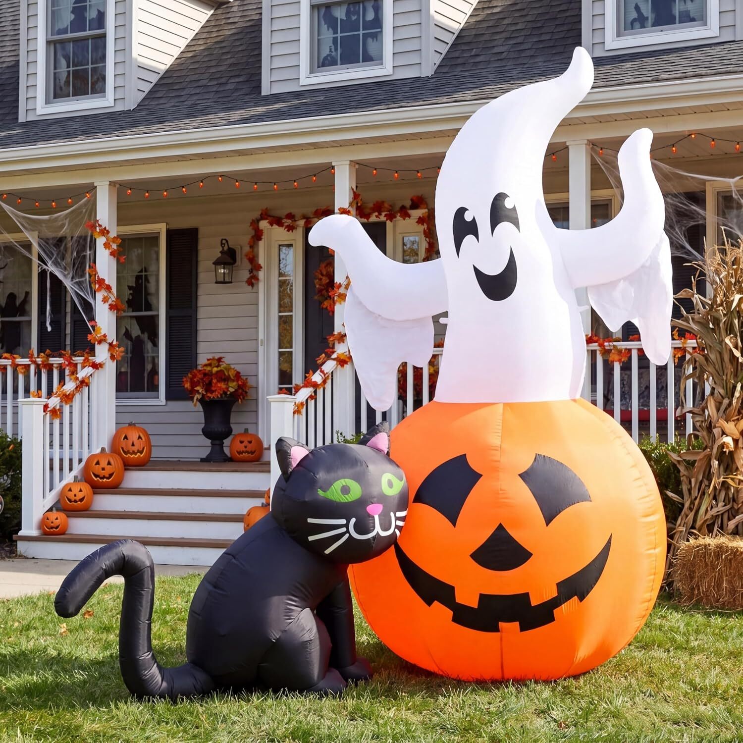5FT Lighted on Pumpkin with Black Cat Inflatables Ghost Outdoor Halloween Blow Up Yard Decorations for Outside Patio Lawn Party Indoor Decor J260822
