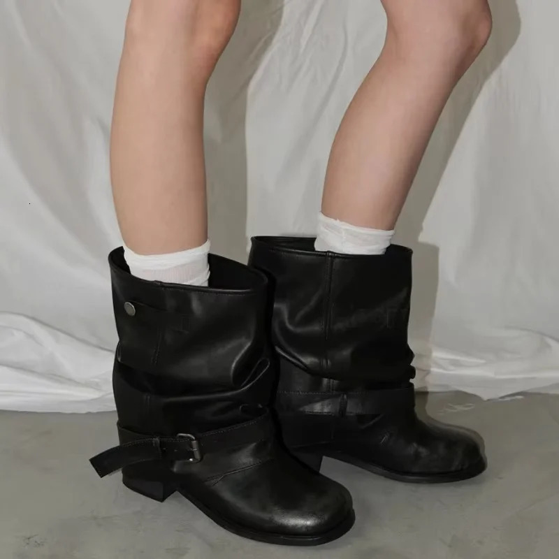 Womens Black Slouchy MidCalf Boots with Buckle Strap Square Toe Chunky Heel Vintage Motorcycle for Fall Winter Shoes 260822