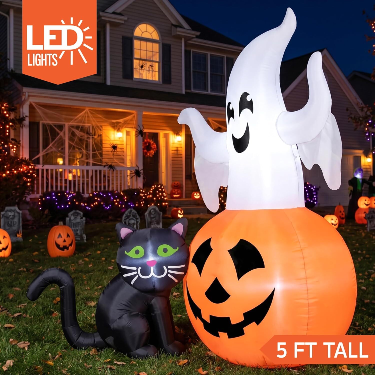 5FT Lighted on Pumpkin with Black Cat Inflatables Ghost Outdoor Halloween Blow Up Yard Decorations for Outside Patio Lawn Party Indoor Decor J260822 - view 3