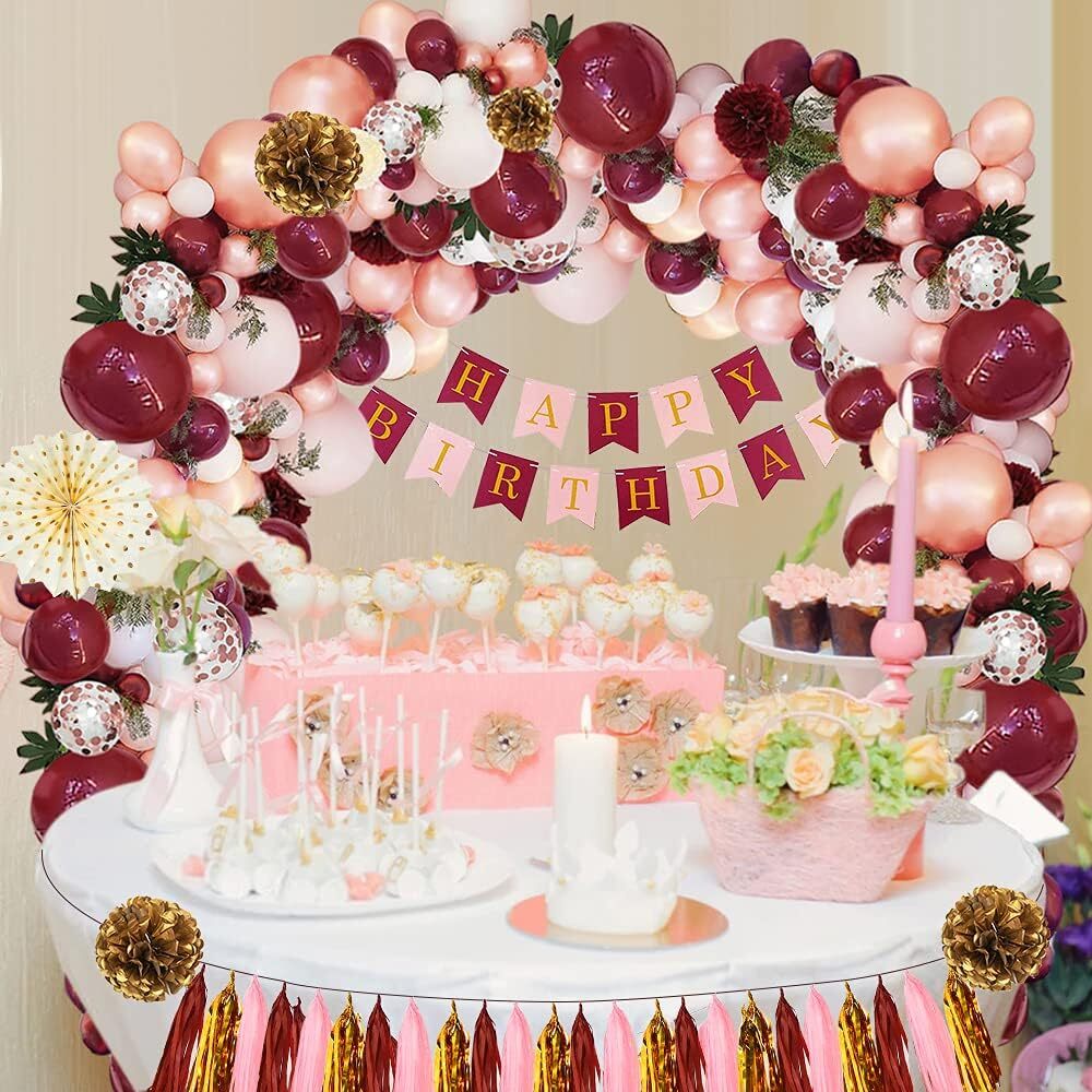 Women's Pink Party Decorations, White Balloon Happy Birthday Banner, Suitable for Bachelorette Party, Wedding, Women 30 Old, 40 Years Old (Burgun - view 7