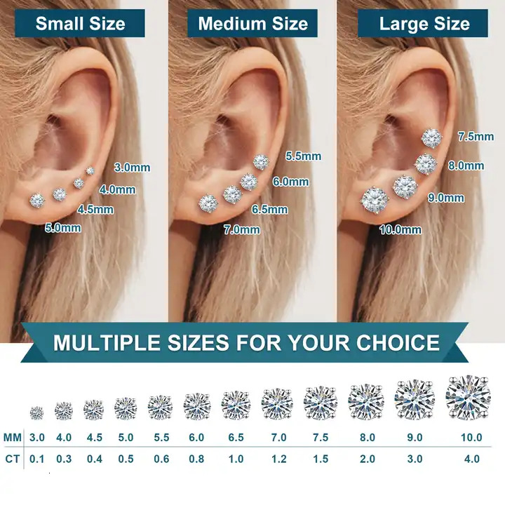 In Stock Moissanite Push Back Stud Earrings GRA 3-9mm 925 Sterling Silver Round Cut D Color VVS1 Moissanite Solitaire Earrings