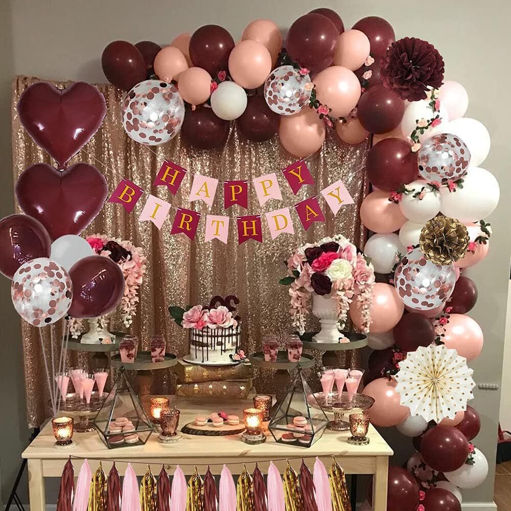 Women's Pink Party Decorations, White Balloon Happy Birthday Banner, Suitable for Bachelorette Party, Wedding, Women 30 Old, 40 Years Old (Burgun - view 4