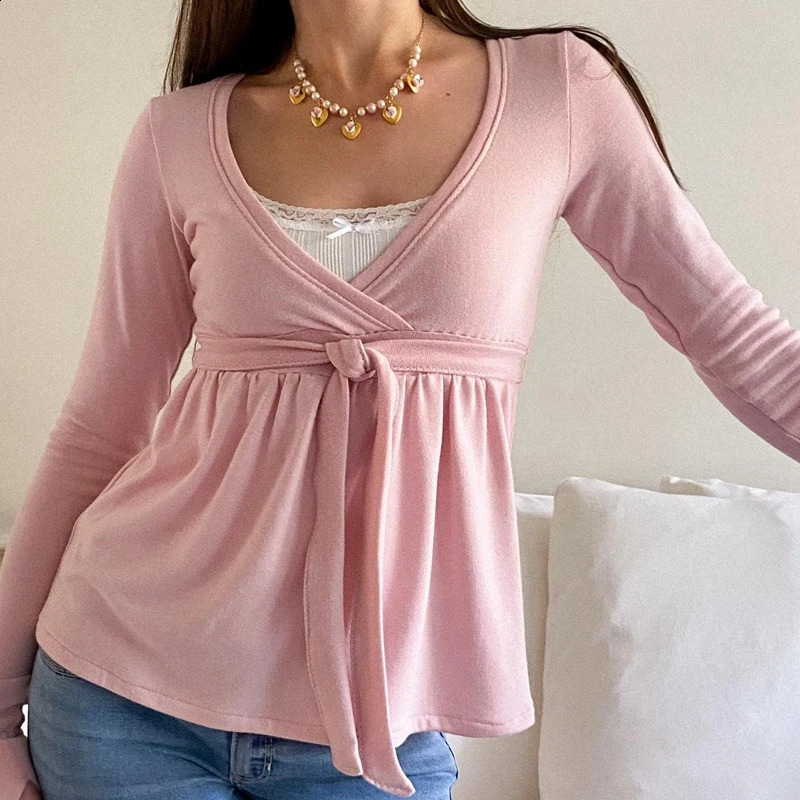 Women Autumn Vintage Y2k Crop Tops Cottage Bandage Babydoll Tshirt Preppy 2 Piece Lace Trim Long Sleeve Pullovers Tees 260822