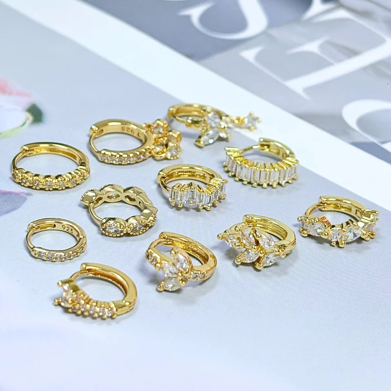 Womens 925 Sterling Silver Ear Needle Crystal Zircon Water Droplets Stud Hoop Gold Huggie Earrings Premium Party Jewelry 260822 - view 5