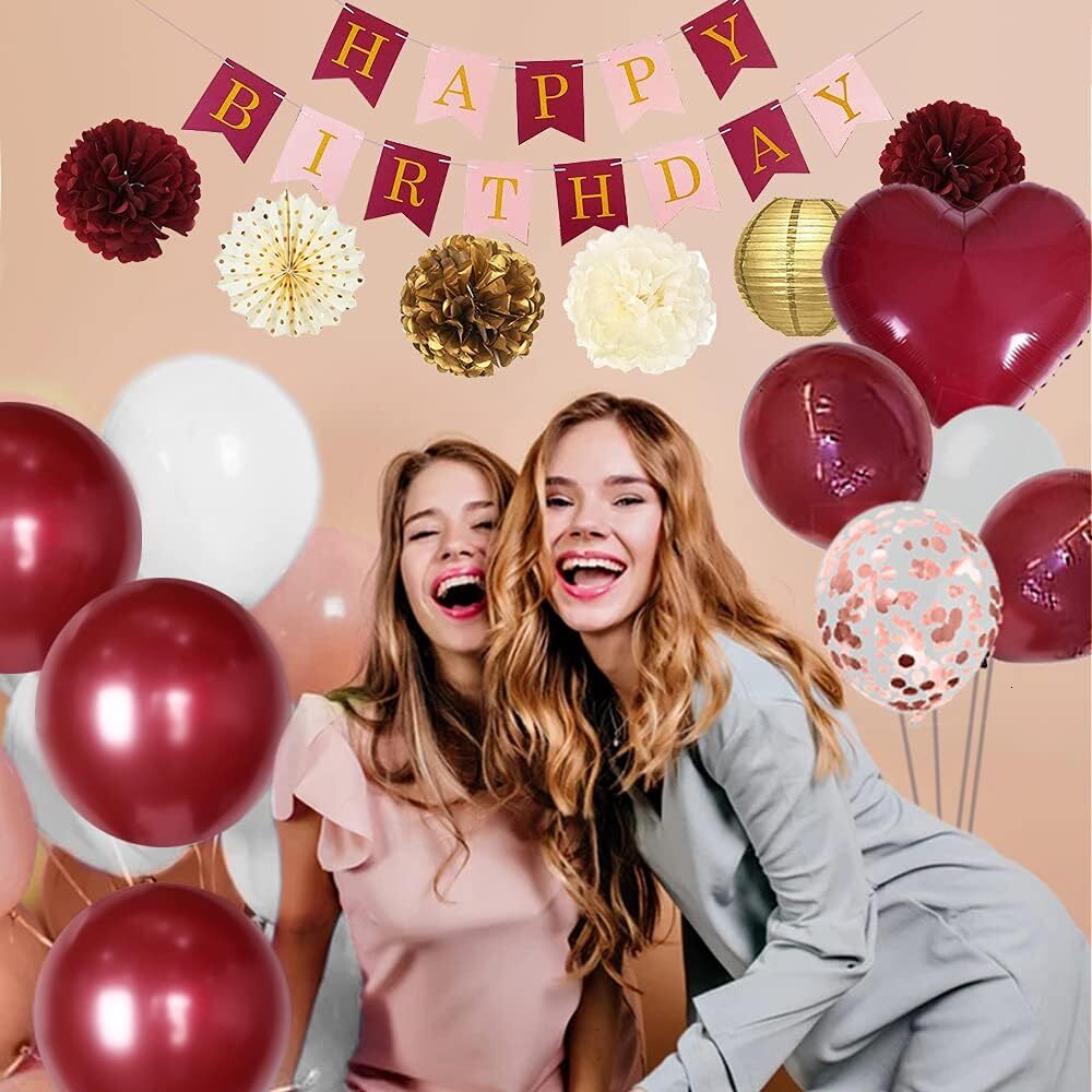 Women's Pink Party Decorations, White Balloon Happy Birthday Banner, Suitable for Bachelorette Party, Wedding, Women 30 Old, 40 Years Old (Burgun - view 6