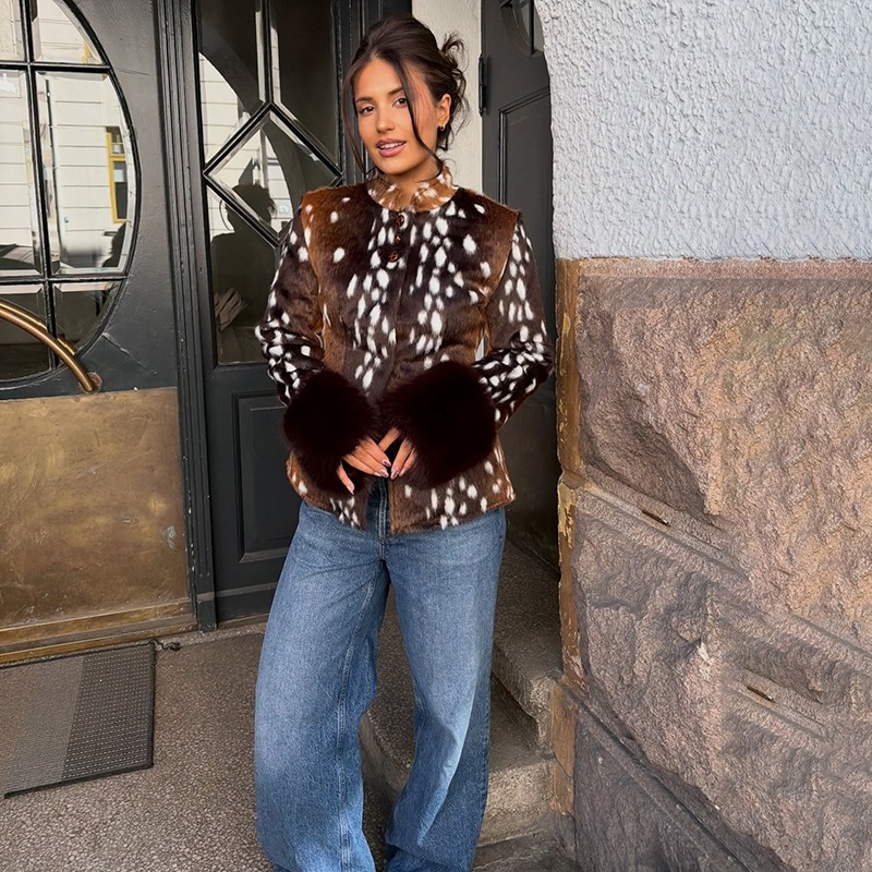 Vintage Women's Leopard Jacket Shoulder Pad Long Sleeves Faux Fur Patchwork Fitted Coats Female Autumn Winter Lady Outwear - view 3