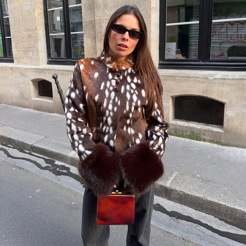 Vintage Women's Leopard Jacket Shoulder Pad Long Sleeves Faux Fur Patchwork Fitted Coats Female Autumn Winter Lady Outwear - view 5