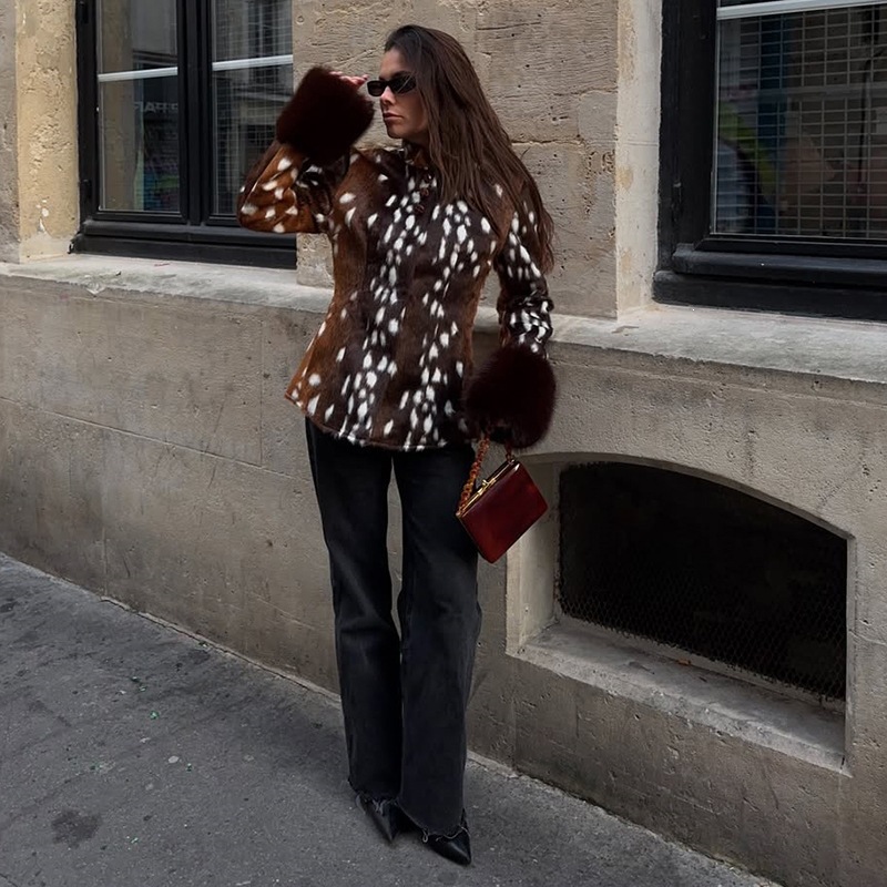 Vintage Women's Leopard Jacket Shoulder Pad Long Sleeves Faux Fur Patchwork Fitted Coats Female Autumn Winter Lady Outwear - view 8