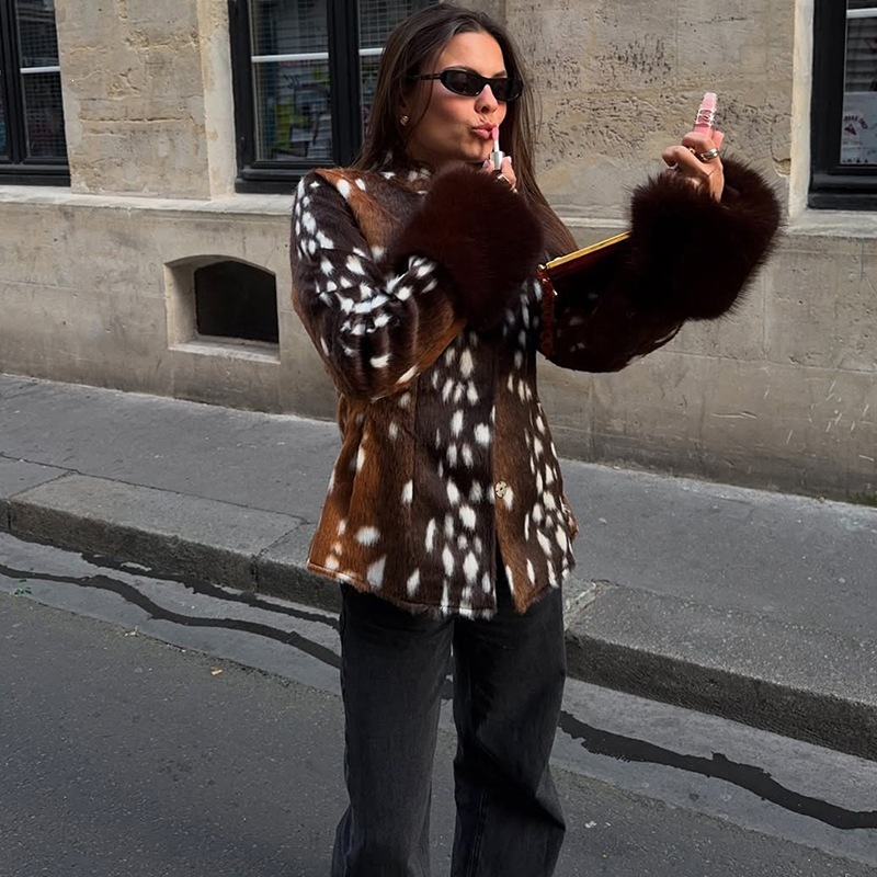 Vintage Women's Leopard Jacket Shoulder Pad Long Sleeves Faux Fur Patchwork Fitted Coats Female Autumn Winter Lady Outwear - view 7