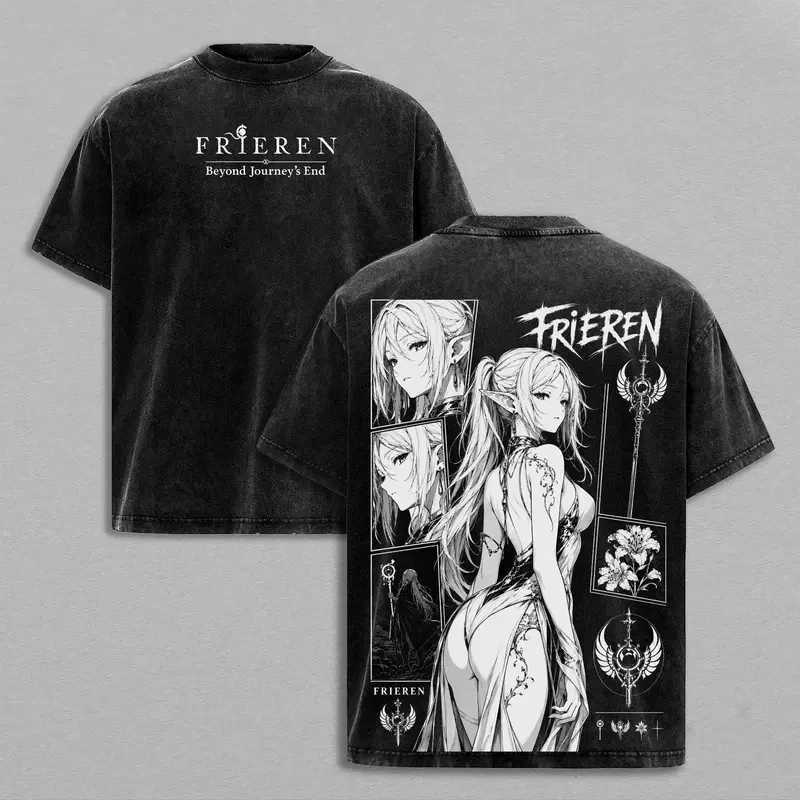 Frieren Kawaii Print T-shirt Anime Frieren Beyond Journey's End Clothing Men Women Cotton Tshirts Washed T Shirt Harajuku Unisex Oversized Tops Z - view 3
