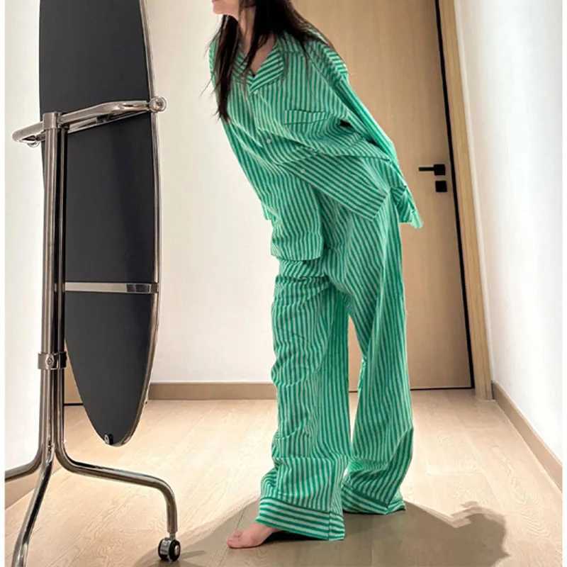 Korean-Style Striped Pajama Set For Women New Spring And Autumn Loose Long-Sleeve Long Pants Loungewear Set Z260822