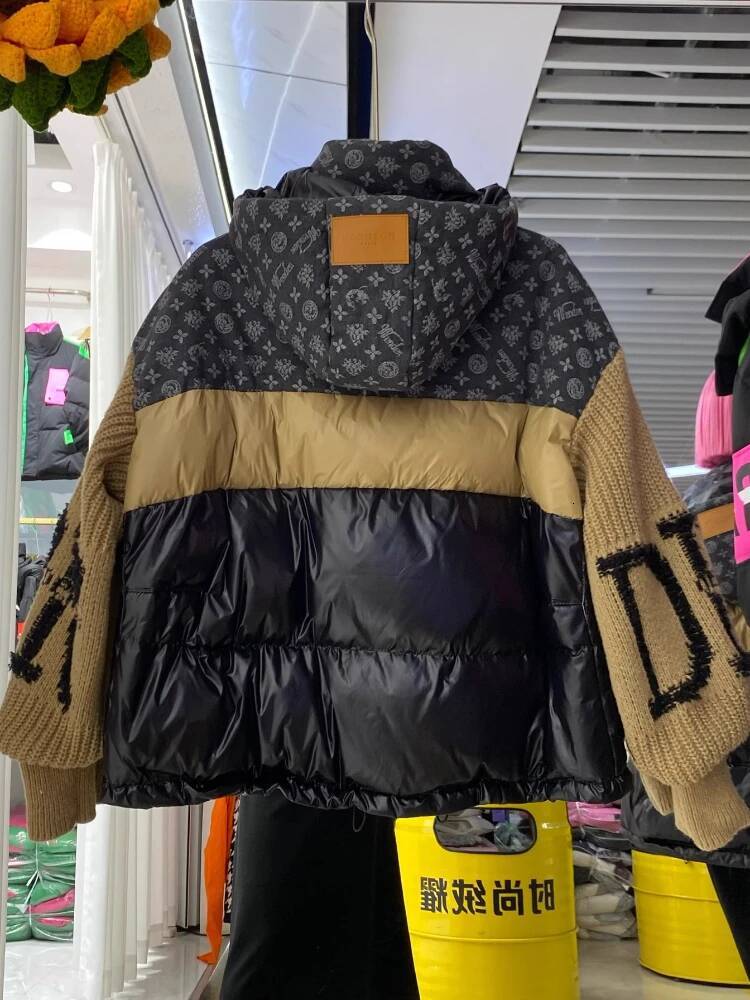 Fashion Retro Denim Splicing Down Jacket Winter Knitted Sleeves Letter Printed Loose Oversize Thick White Duck Puffer Coat Women - view 6