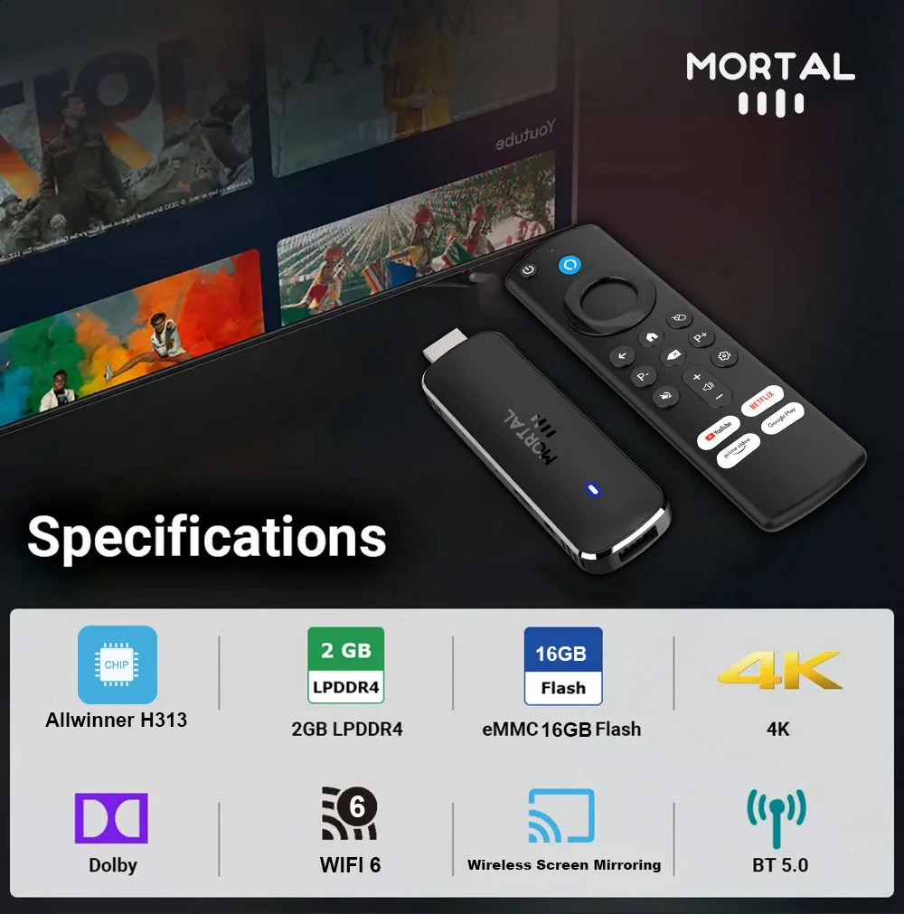 Mortal Android 14 TV Stick Full HD 4K 1080P WiFi 6 Google Voice NETFLIX Q8 BT5 24Fps Wireless Video Decode Media Player 260817ww - view 5