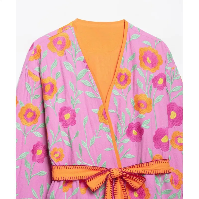 HipSeam Womens Kimono Jacket with Belt 2026 Autumn Floral Embroidery Long Sleeve V Neck Woman Jacket Chic Female Outerwear 260822 - view 4