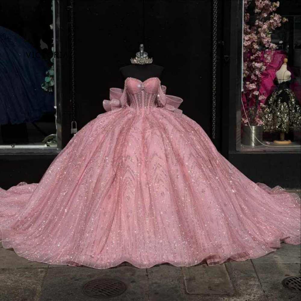 Pink Princess Quinceanera Dresses for Teens Sweet 16 Birthday Party Gowns WIth Bow Sweetheart Glitter Mexican Tulle Vestido de 15 Anos Prom Gown Custo