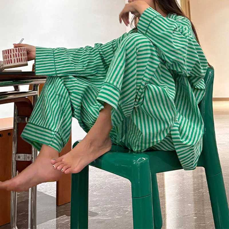 Korean-Style Striped Pajama Set For Women New Spring And Autumn Loose Long-Sleeve Long Pants Loungewear Set Z260822
