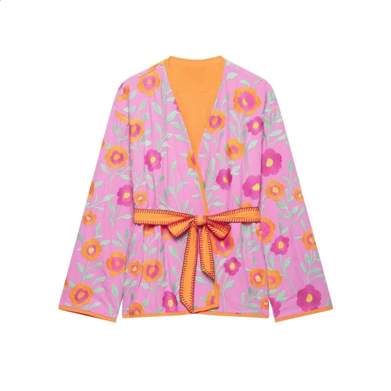 HipSeam Womens Kimono Jacket with Belt 2026 Autumn Floral Embroidery Long Sleeve V Neck Woman Jacket Chic Female Outerwear 260822