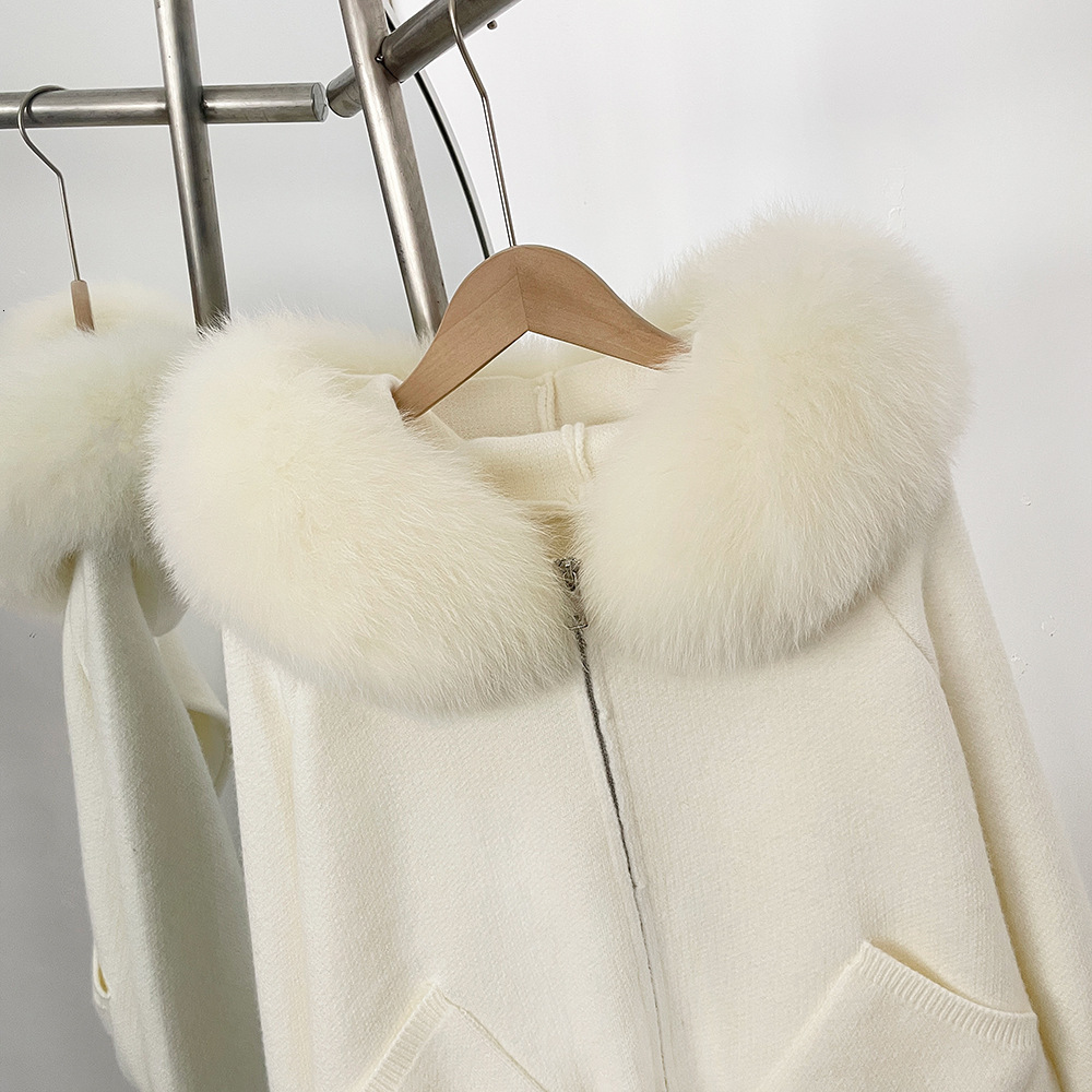 Autumn Winter Women Zipper Long Sleeve Knit Cardigan Coat Tops Hooded Detachable Big Real Fox Fur Collar Luxury Female Sweater - view 6