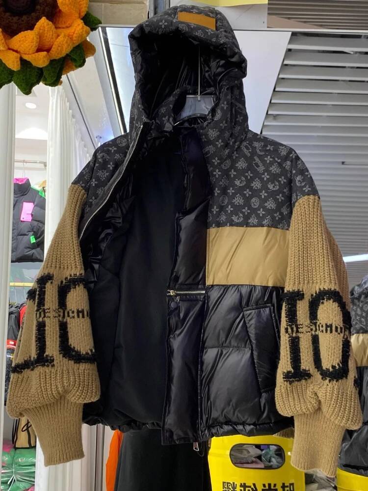 Fashion Retro Denim Splicing Down Jacket Winter Knitted Sleeves Letter Printed Loose Oversize Thick White Duck Puffer Coat Women - view 5