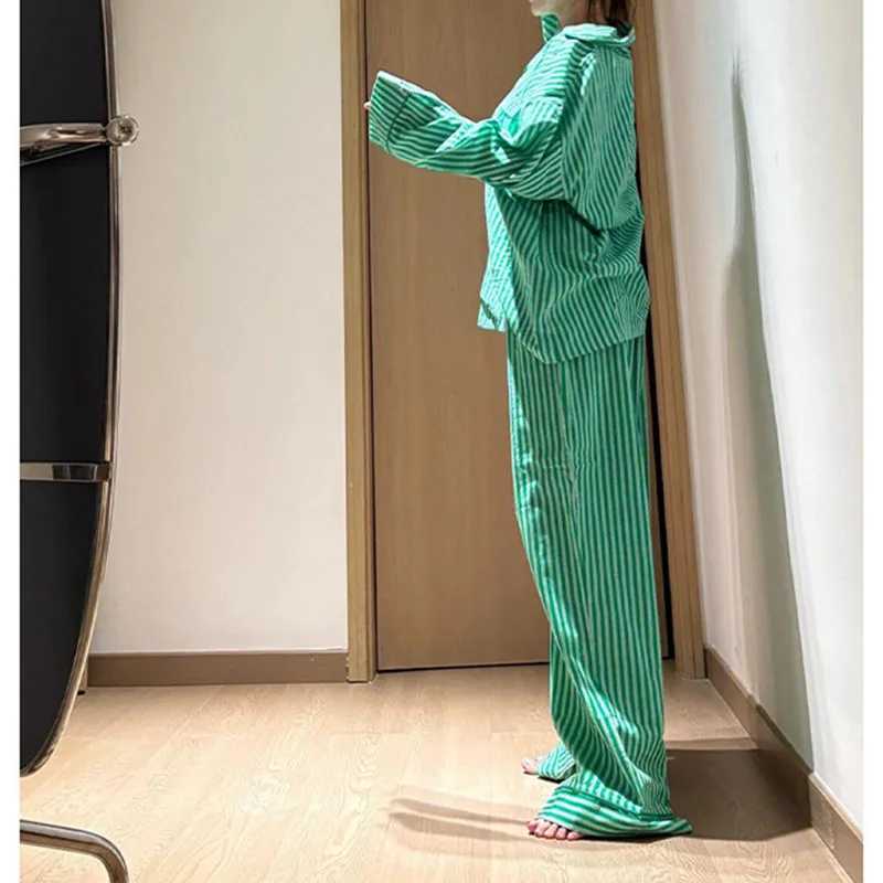 Korean-Style Striped Pajama Set For Women New Spring And Autumn Loose Long-Sleeve Long Pants Loungewear Set Z260822