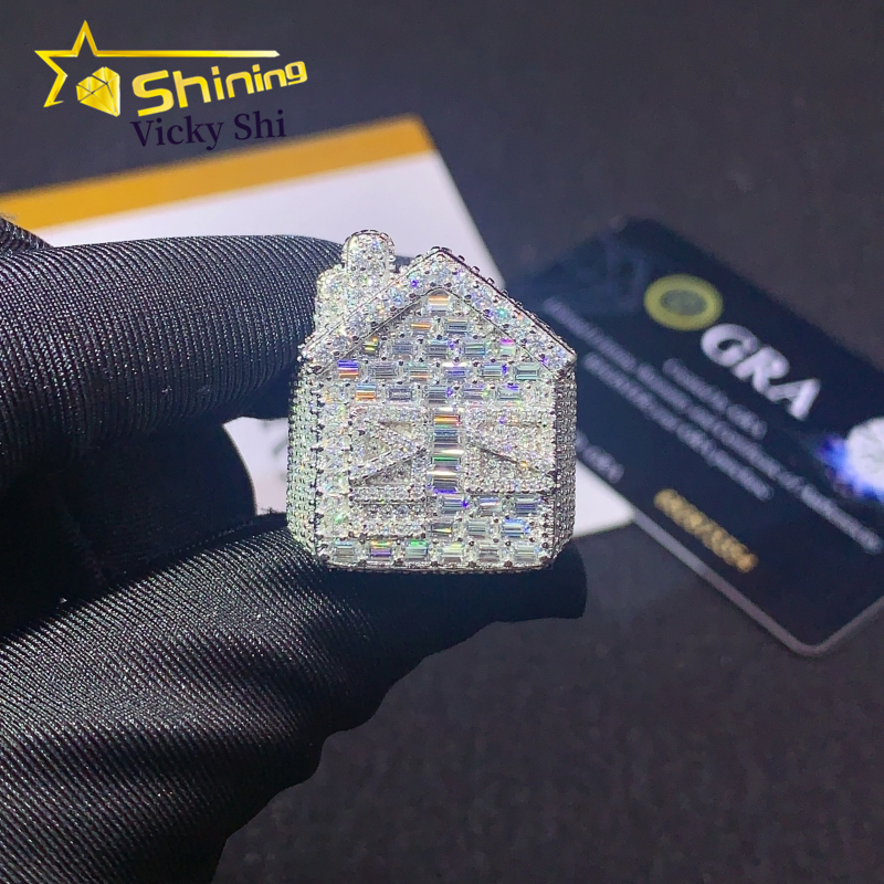 Fine Jewelry 925 Sterling Silver House Style Iced-Out Long Bar Ice with VVS moissanite Diamond Custom Moissanite Men's Hip-Hop Ring
