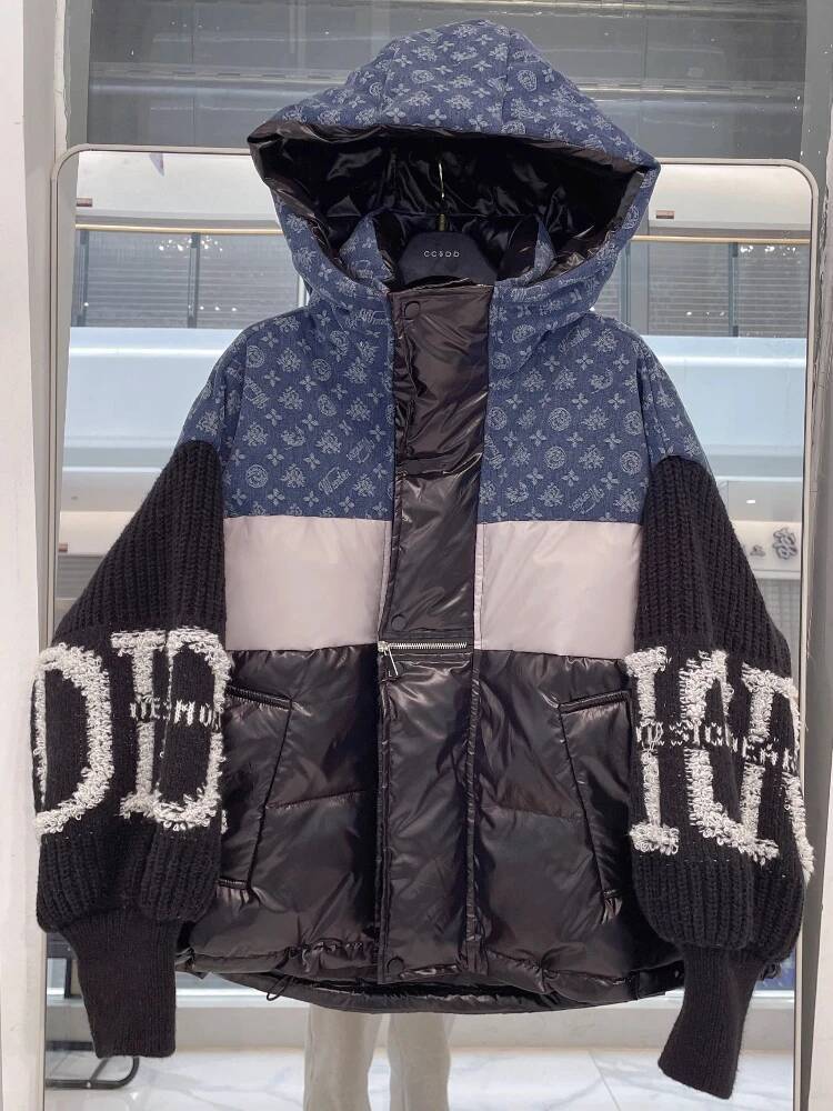 Fashion Retro Denim Splicing Down Jacket Winter Knitted Sleeves Letter Printed Loose Oversize Thick White Duck Puffer Coat Women - view 3
