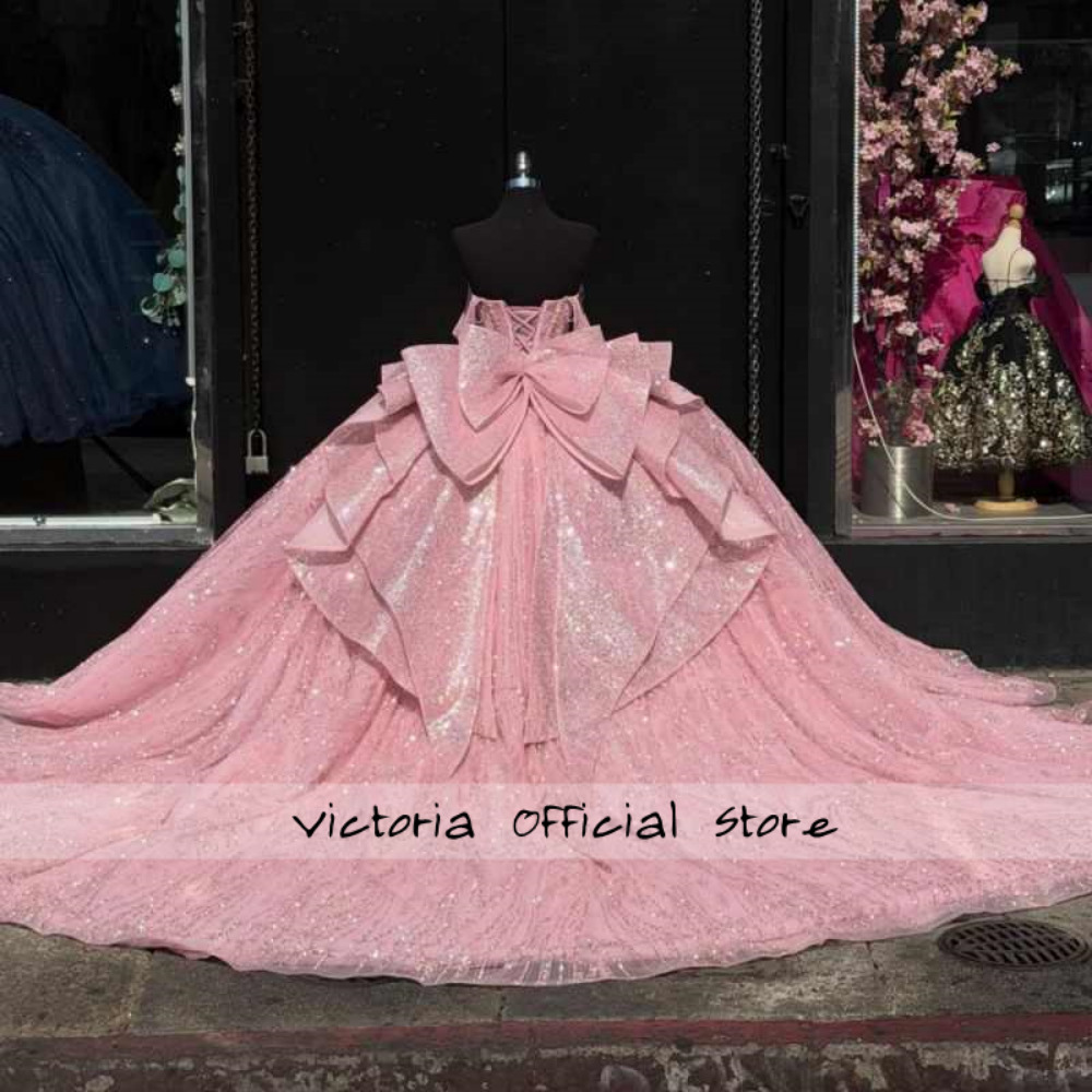 Pink Princess Quinceanera Dresses for Teens Sweet 16 Birthday Party Gowns WIth Bow Sweetheart Glitter Mexican Tulle Vestido de 15 Anos Prom Gown Custo - view 4
