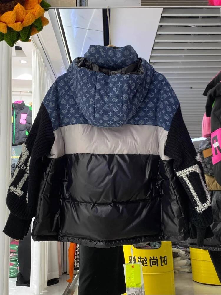 Fashion Retro Denim Splicing Down Jacket Winter Knitted Sleeves Letter Printed Loose Oversize Thick White Duck Puffer Coat Women - view 4